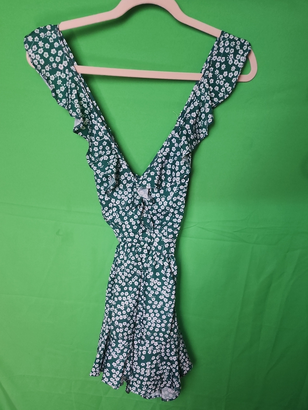 Green Floral Ruffle V-Neck Romper Small